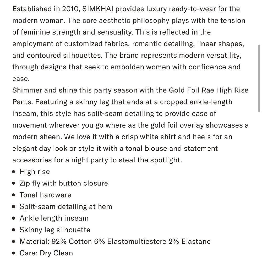 Tuckernuck SIMKHAI Gold Foil Rae High Rise Ankle Skinny Pants NWT Size 28 - Picture 9 of 12